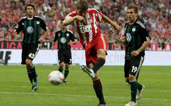 Still scoring! Thomas Mueller finishes for Bayern Munich in their Bundesliga opener against Wolfsburg (Getty Images)