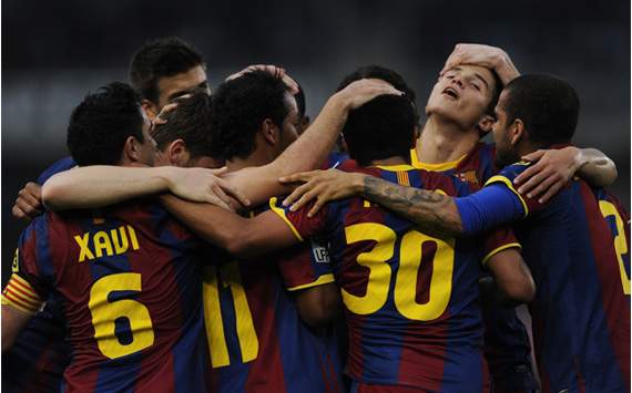 El Barcelona celebra su gol ante la Real Sociedad en partido de Liga BBVA