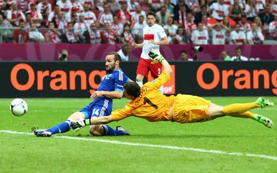 UEFA EURO - Poland v Greece, Wojciech Szczesny and Dimitris Salpigidis