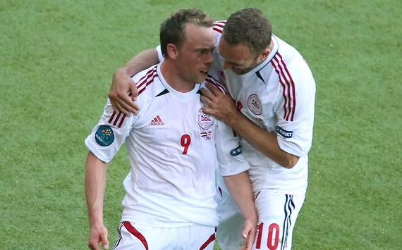 Michael Krohn Deli and Dennis Rommedahl celebrating the goal of Denmark against Netherlands, Euro 2012