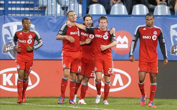 Toronto FC players celebrate goal vs. Montreal Impact