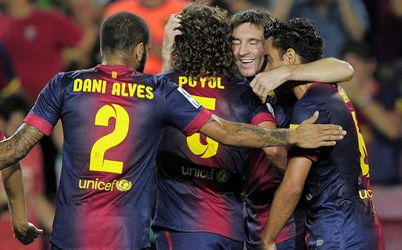 Alves, Puyol, Lionel Messi, Barcelona, Real Sociedad