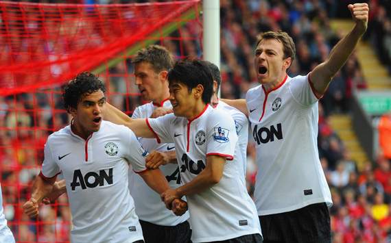 EPL - Liverpool v Manchester United , Rafael Da Silva , Shinji Kagawa and Jonny Evans
