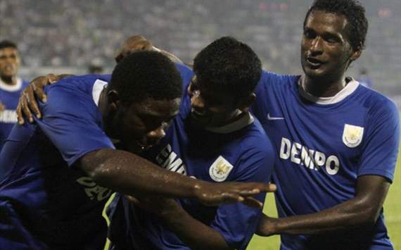 Dempo's Koko Sakibo celebrates his goal against Salgaocar, Federation Cup 2012