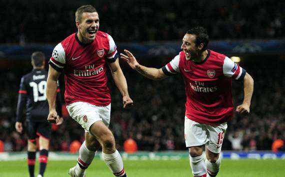 UEFA Champions League, Arsenal v Olympiakos FC, Santi Cazorla, Lukas Podolski