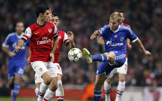CL - ARSENAL-SCHALKE, Lewis Holtby and Mikel Arteta
