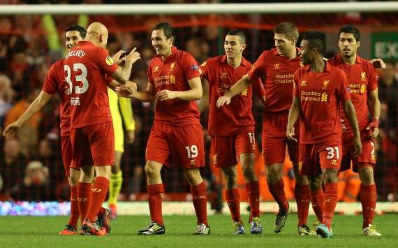 Liverpool players celebrating - Liverpool-Anzhi