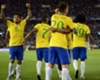 Brazil celebrate Lucas Lima's goal against Argentina