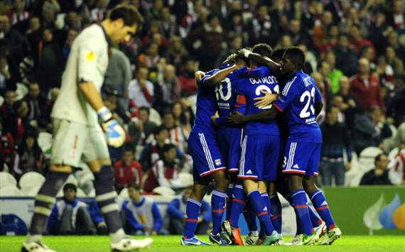 Lyon players celebrate against Athletic
