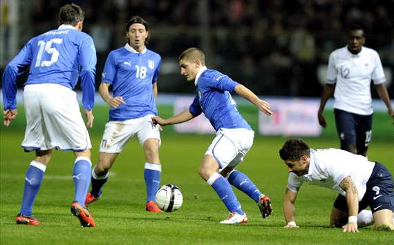 Verratti in azione durante l'amichevole Italia-Francia