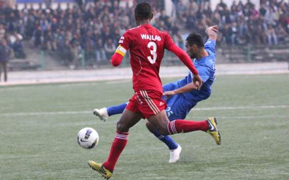 Akram Moghrabi tries to get a shot past Wailad Passah, Shillong Lajong vs Churchill Brothers, I-League