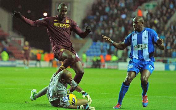 EPL - Wigan Athletic v Manchester City, Ali Al-Habsi and Mario Balotelli