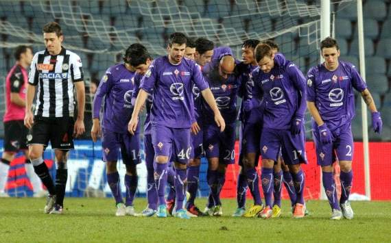 Fiorentina players celebrate against Udinese