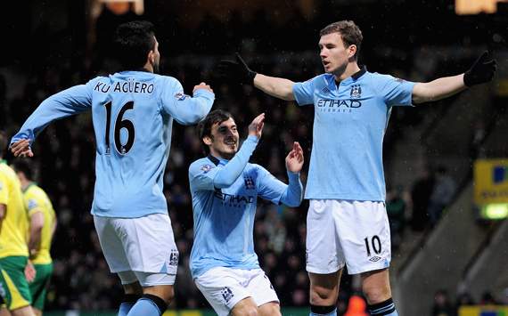 EPL - Norwich City v Manchester City, Sergio Aguero, David Silva and Edin Dzeko
