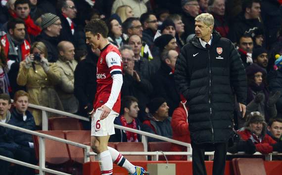 EPL - Arsenal v Manchester City, Laurent Koscielny and Arsene Wenger