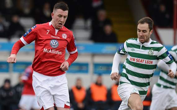 24 March 2013; Sean Brennan, Shelbourne, in action against Sean O'Connor, Shamrock Rovers. Airtricity League Premier Division, Shelbourne v Shamrock Rovers, Tolka Park, Dublin.