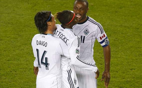 Daigo Kobayashi, Darren Mattocks and Nigel Reo-Coker celebrate Vancouver Whitecaps goal