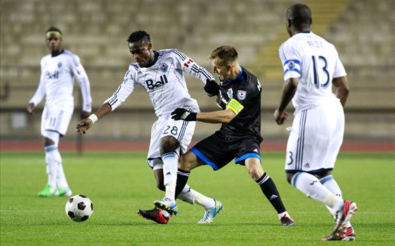 Gershon Koffie (L), Neil Hlavaty (C), Nigel Reo-Coker (R) - FC Edmonton vs. Vancouver Whitecaps