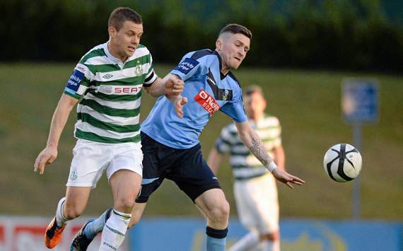 26 April 2013; Craig Walsh, Shamrock Rovers, in action against Shane Robinson, UCD. Airtricity League Premier Division, UCD v Shamrock Rovers, UCD Bowl, Belfield, Dublin