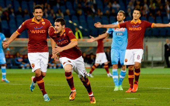 Mattia Destro celebrates his goal in As Roma-Napoli