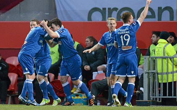 2 April 2013; Craig Curran, Limerick, right, celebrates after scoring his side's first goal with team-mates Danny Galbraith, Shane Tracy and Stephen Bradley. Airtricity League Premier Division, Limerick FC v Shamrock Rovers, Thomond Park, Limerick