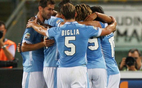 Lazio players celebrate a goal against Udinese
