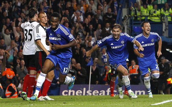 Mikel Obi of Chelsea celebrates after scoring against Fulham during the EPL match at Stamford Bridge on September 21, 2013