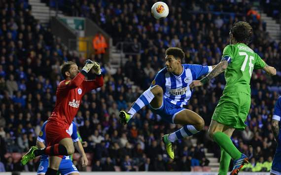 Ryan Shotton Scott Carson Roman Sharonov Wigan Athletic v Rubin Kazan UEFA Europa League 10242013