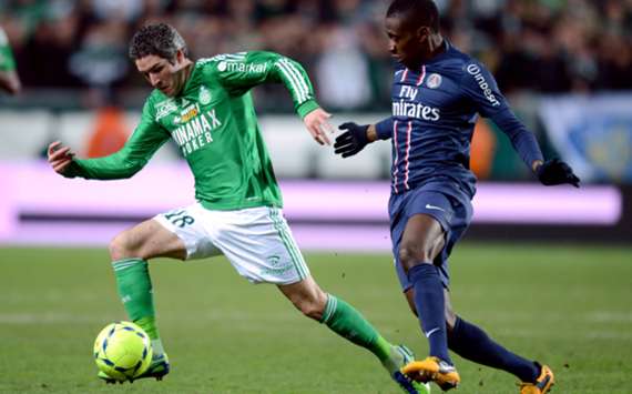 Saint-Etienne's Fabien Lemoine and PSG's Blaise Matuidi compete for the ball