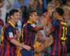 Barcelona players celebrate a goal against Real Madrid