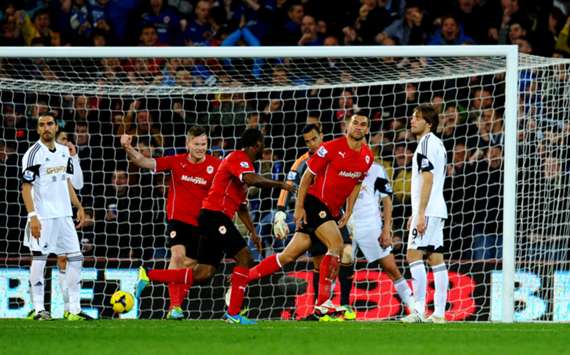 Cardiff City's Steven Caulker celebrates a goal against Swansea City
