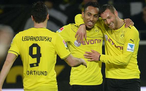 Borussia Dortmund players celebrate a goal