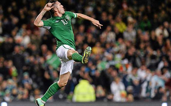 15 November 2013; Republic of Ireland's Robbie Keane celebrates after scoring his side's first goal. Three International Friendly, Republic of Ireland v Latvia, Aviva Stadium, Lansdowne Road, Dublin
