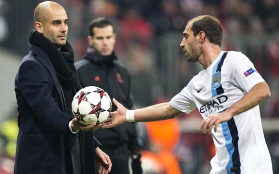 Pep Guardiola y Pablo Zabaleta, Bayern Munich - Manchester City