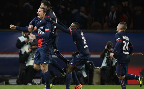 Paris Saint-Germain players celebrate a goal