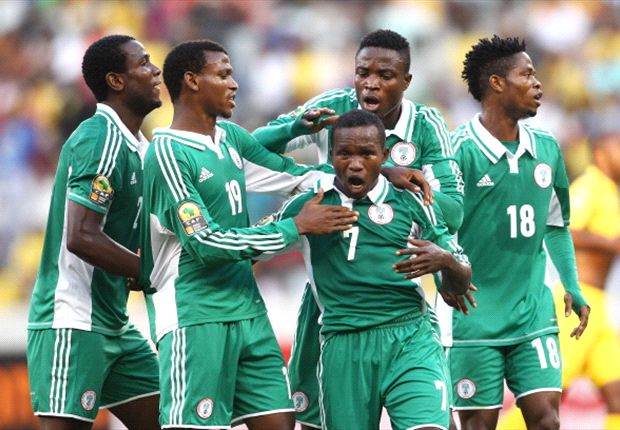 Nigeria celebrate Uzoenyi's goal against Bafana