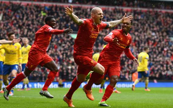 Liverpool celebrate a Martin Skrtel goal