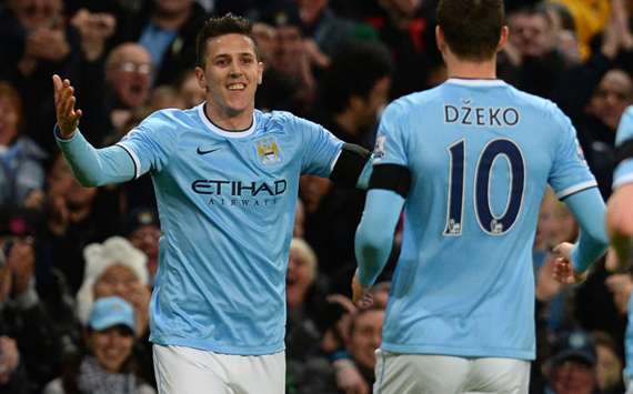 Manchester City's Stevan Jovetic celebrates his goal against Chelsea