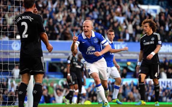 Everton's Steven Naismith celebrates a goal against Chelsea