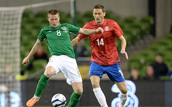 5 March 2014; James McCarthy, Republic of Ireland, in action against Nemanja Matic, Serbia. International Friendly, Republic of Ireland v Serbia, Aviva Stadium, Lansdowne Road, Dublin.