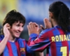 Lionel Messi playing with Ronaldinho for Barcelona in 2005