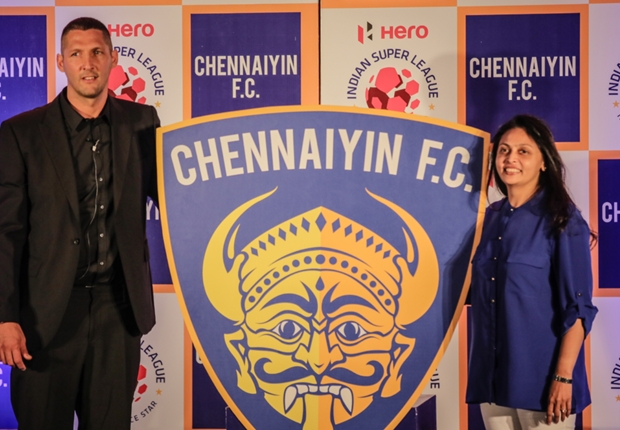 Materazzi and co-owner Vita Dani are seen he with the Chennaiyins logo