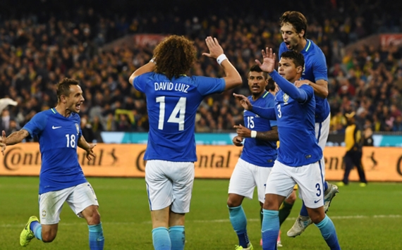 Brazil celebrate Thiago Silva's goal against Australia in Melbourne