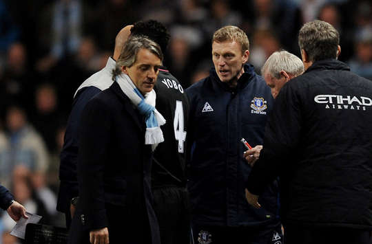 Mancini-Moyes bust up, Man City v Everton (Getty Images)